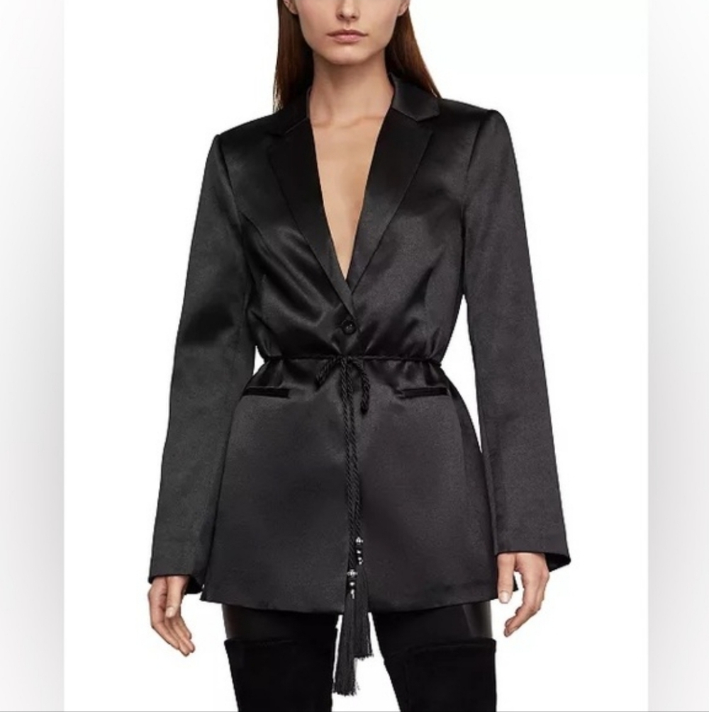 Stunning EUC BCBGMaxAzria Black Satin Tassel-Tie Long Blazer Jacket Size XXS